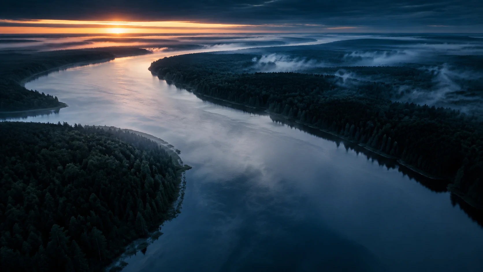 An imagined Baltic river at dawn, winding through forest toward a distant settlement