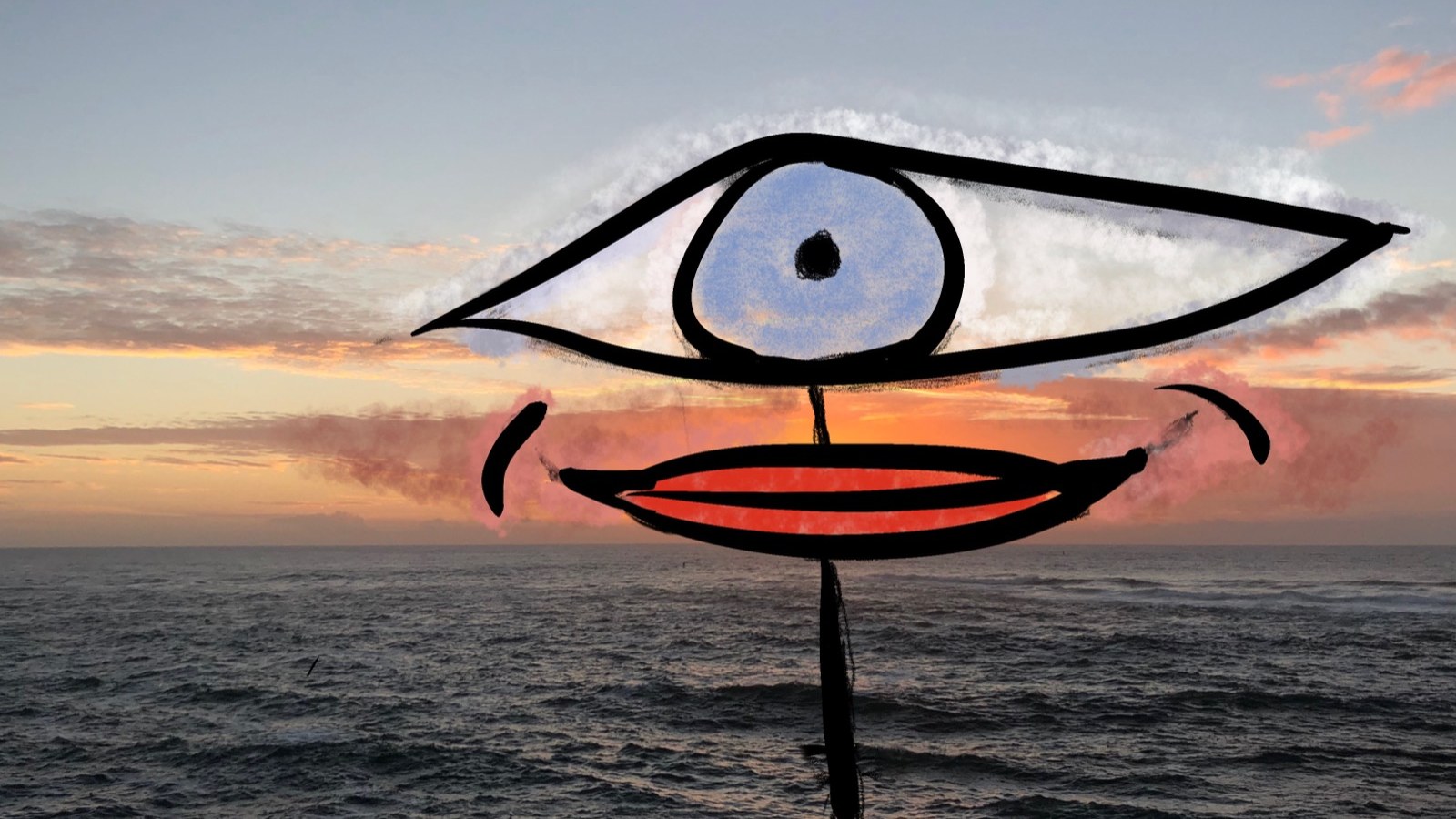 Eye Over the Sea — a drawn eye and lips on a stalk over an ocean sunset photograph, from the Zin-Art museum