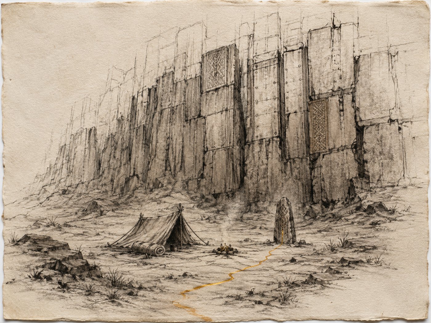Sketch: a small camp beside a carved boundary stone before an enormous wall; a single gold thread of light stops at the stone