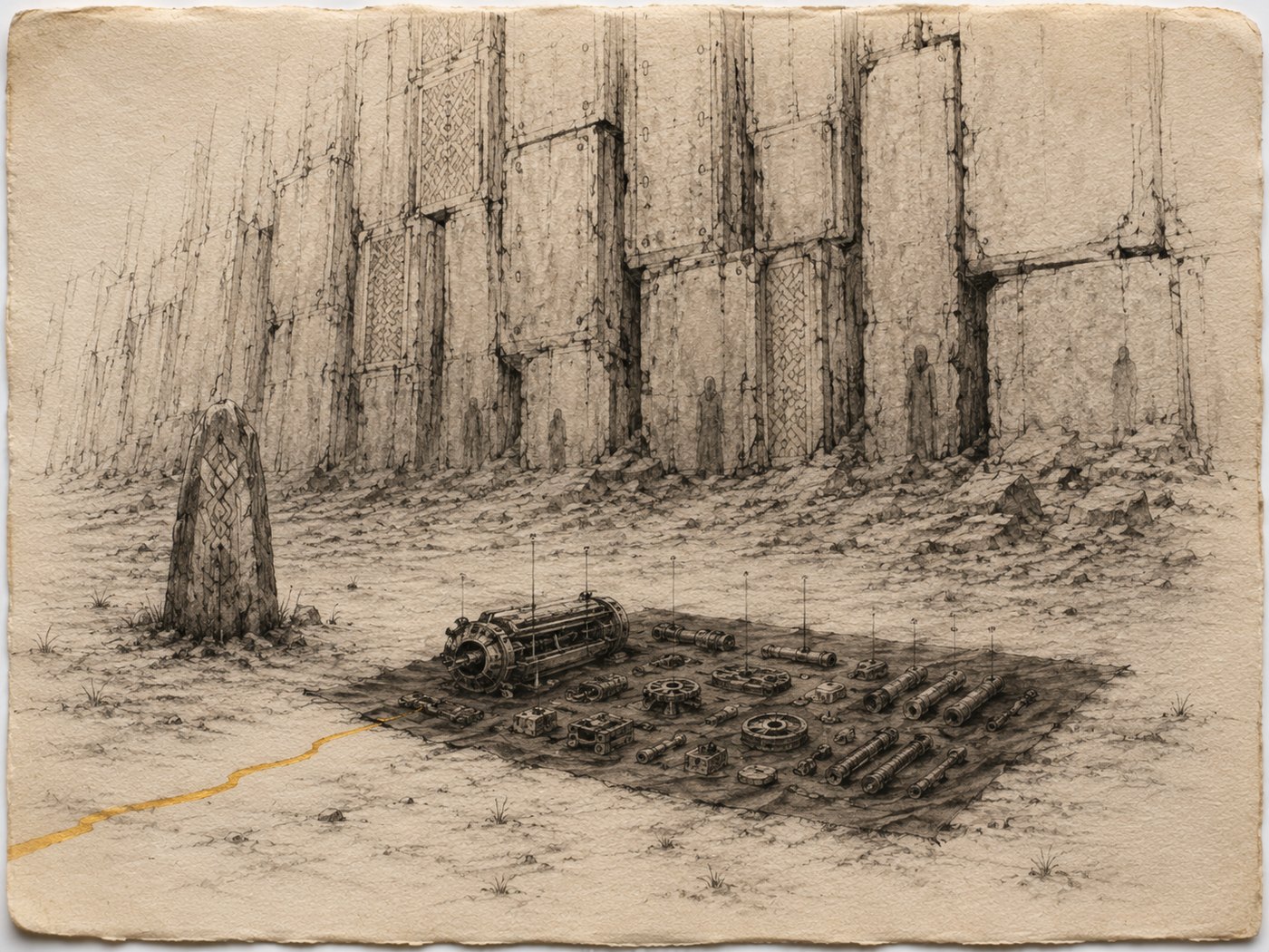 Sketch: a fabricator disassembled in neat rows on dark cloth beside the boundary stone; small watching silhouettes on the wall