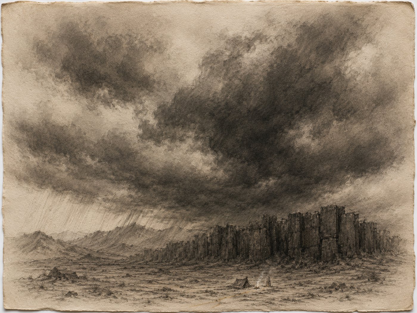 Sketch: storm clouds massing over the wall and the tiny camp; the gold thread faint on the path